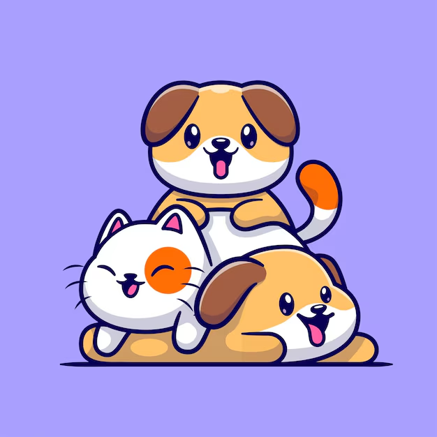 Cute cartoon pets smiling with sparkles